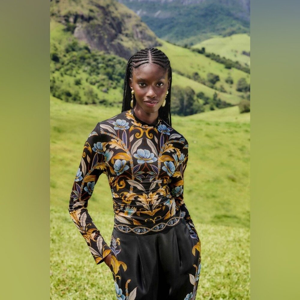 Farm Rio - Black Flowerful Garden Jersey Blouse - Picture 8 of 12